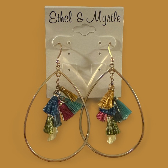 Ethel & Myrtle Gold Teardrop Dangle Earrings with Multicolor Tassels, 3” Drop - Picture 11 of 12